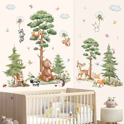 wondever Large Woodland Animal Tree Wall Stickers Forest Animals Bear Deer Dandelion Peel and Stick Wall Art Decals