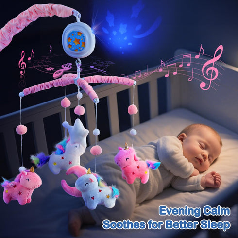 (100+ Unicorn Baby Crib Mobile for Girls with Music Box Lullabies), Rotating Plush Crib Toys for Newborns, Infant, Baby