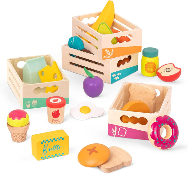 B. toys Little Foodie Groups 24-Piece Wooden Grocery Toy with Categorized Food