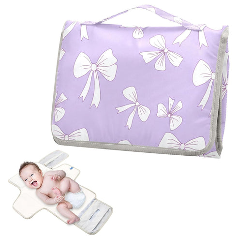 VEKELEE White Bow Purple Background Portable Diaper Changing Pad for Baby, Waterproof & Foldable Changing Mat, Soft