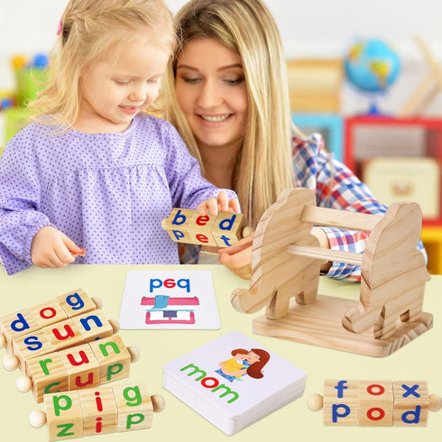 Montessori Learning Toys Gifts for Kids 3-5 Years, Wooden Reading Blocks, Preschool Activities & Flash Card Games
