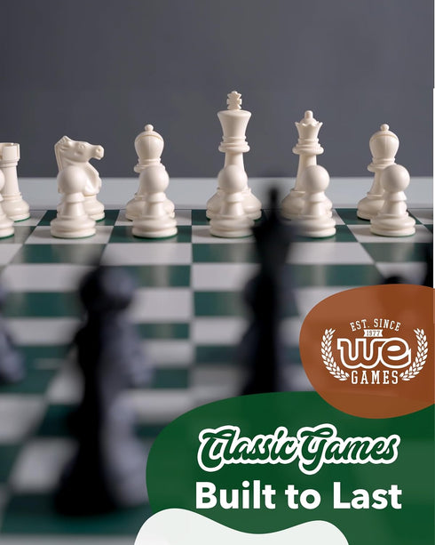 Set 34 WE Games Chess - Tournament Style with Pieces, Vinyl Roll-Up Board, Storage Bag & Equalizer Dice. Ideal
