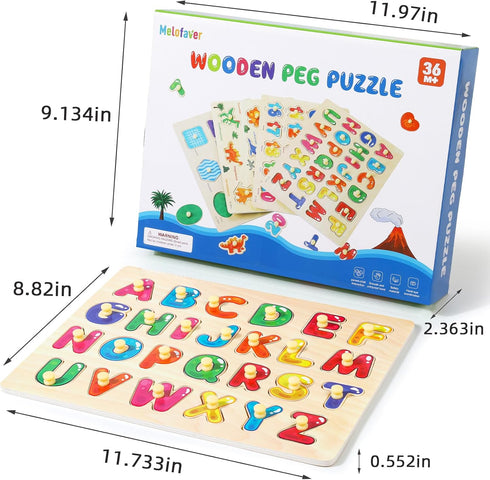 Montessori Wooden Peg Puzzles, 4 Pcs Educational Toys for Toddlers 2-5 Years, Alphabet, Shape, Number, Dinosaur Gifts