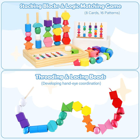 Montessori Bead Sequencing Set for Kids, Wooden Lacing Beads Toys for Toddlers, Educational Gifts for 2-5 Years Old