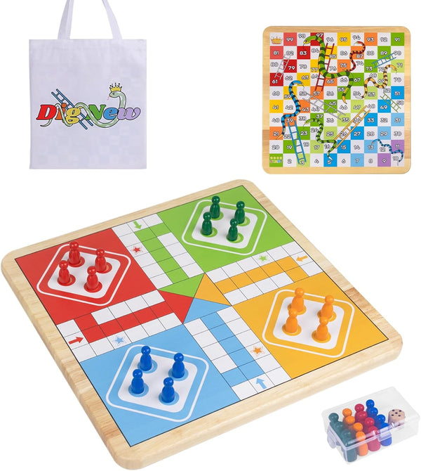 12 Inch Wooden 2-in-1 Ludo & Snakes Board Game, Reversible Travel Set
