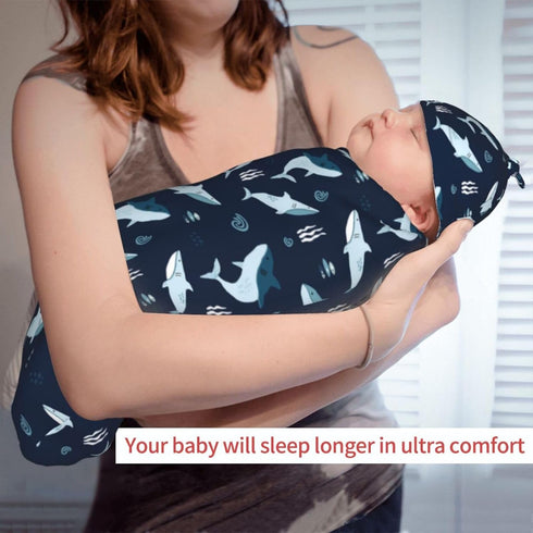 Osvbs Set Sharks Ocean Animal Baby Stuff Swaddle Blanket Wrap Baby Newborn Blanket Soft Stretchy with Headband Hat Gift