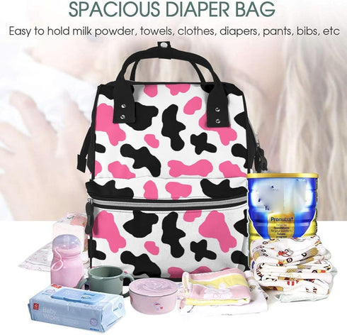 Nevjipu Backpack Mommy Backpack, Baby Doll Diaper Bag - Cute black pink cow print Bag, Fashion Tactical Infant Baby