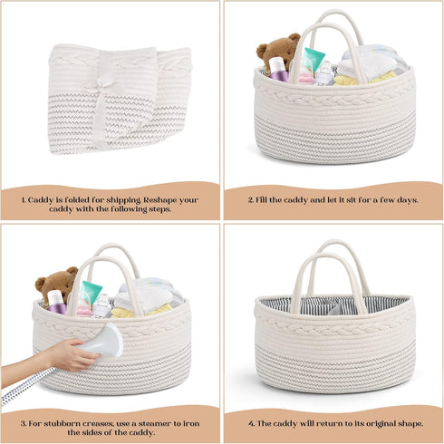 Luxury Little White Diaper Caddy Organizer, Large Cotton Rope Nursery Basket, Portable Car Organizer with Divider