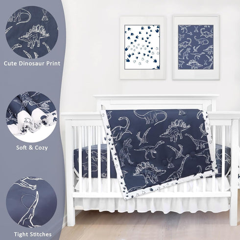 Set 4 Set Dinosaur Crib Bedding for Boys, Pieces Blue Baby Nursery Bedding for Standard Size Crib, Including Soft