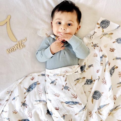 LifeTree Muslin Swaddle Blankets Neutral, Baby Washcloths Sea Turtle Swaddling Wrap Nursery Receiving Blanket for Boys