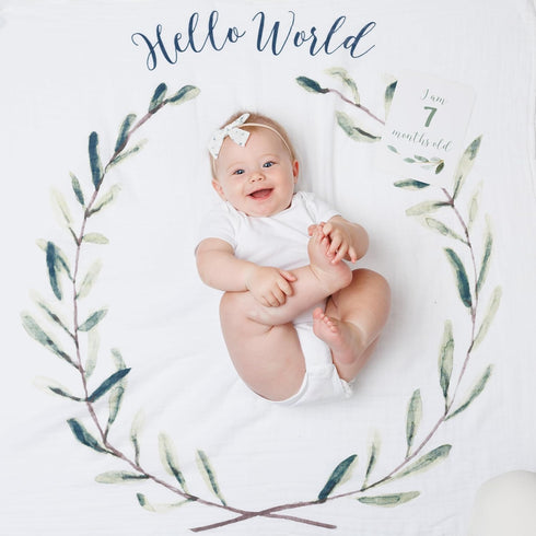 lulujo Baby’s First Year Milestone Blanket and Card Set | 40in x 40in (Hello World)