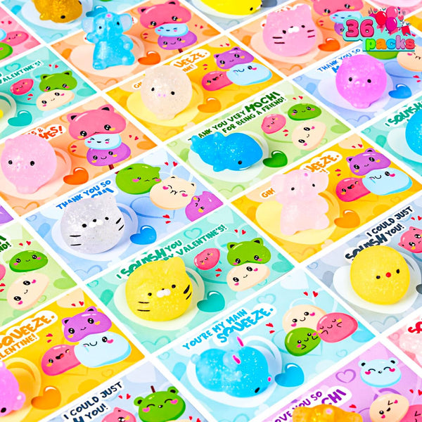 JOYIN 36 Packs Valentines Day Gift Cards with Glitter Mochi Squishy Toys,