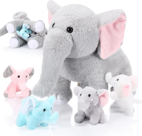 Skylety 5 Pcs Plush Elephant Stuffed Animals with Babies, Mommy Elephant with