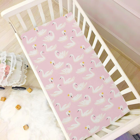 Fitted Crib Sheets Pink Cute Swan Animals - Stretchy Portable Playard Sheets for Baby Toddler, 39 x 27 in for Boys and