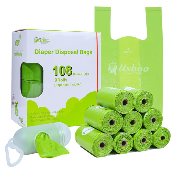 USBOO Disposable Diaper Bags for Baby, 9 Refill Rolls/108 BagsOXO-Biodegradable Diaper Sacks