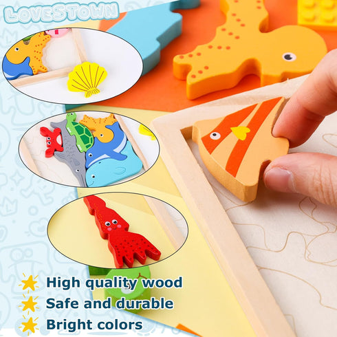 LovesTown 12PCS Wooden Stacking Puzzles, Educational Sea Animal Chunky Jigsaw Puzzles for Kids