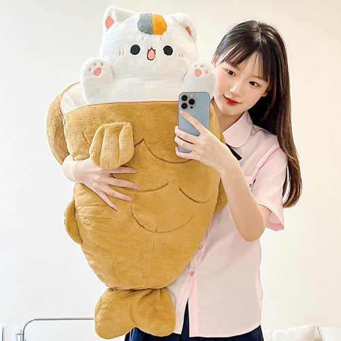 Ditucu 32 Inch Large Taiyaki Cat Plush Pillow, Cute Kitten Inside Fish 2 in 1 Stuffed Animals Toys