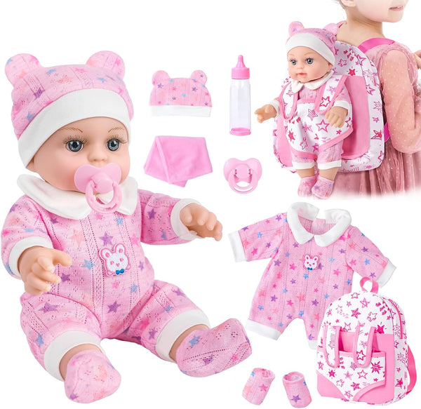 BDDOLL 12" Baby Doll in Gift Box with Pink Backpack, Cloths, Feeding Bottle
