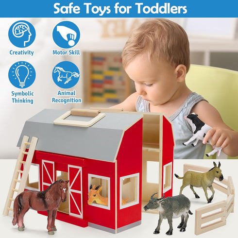 3+ Playset YEEBAY Farm Animals Toys for Year Old Kids Toddlers Girls Boys, Large Wooden Barn with Animal Play Figures