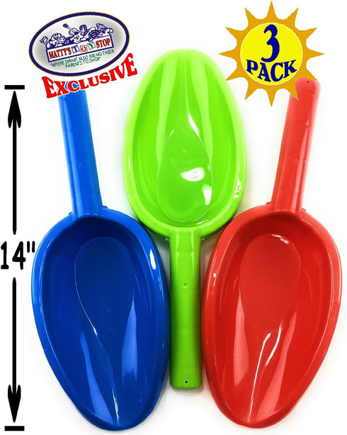 14" Set 3 Pack Matty's Toy Stop Kids Long Handle Sand Scoop Plastic Shovels for Sand & Beach (Red, Blue & Green)