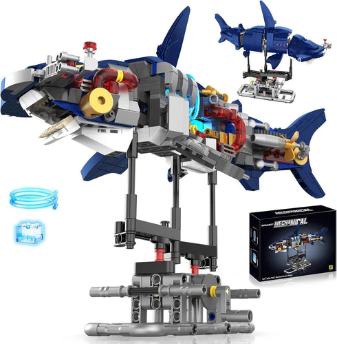 Mechanical Shark Building Set with Lights, Rotatable Link Components & Display Stand,