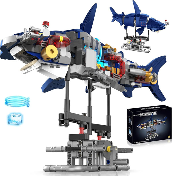 Mechanical Shark Building Set with Lights, Rotatable Link Components & Display Stand,