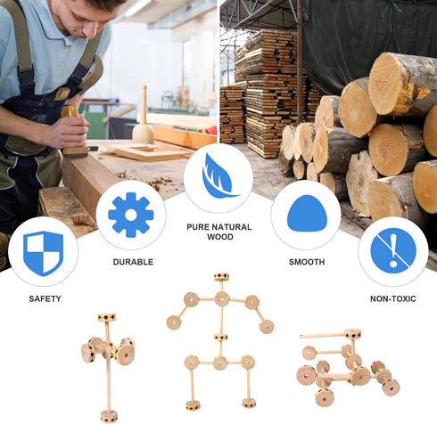 WODI Wooden Building Blocks 60pcs Large Natural Wood STEM Building Blocks for Kids Ages 4-8