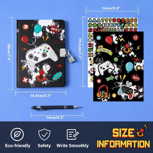 WERNNSAI Kids Diary Set - Boys Game Journal Kit with Lock and Keys, Luminous A5 Writing Notebook, Birthday Gift Set