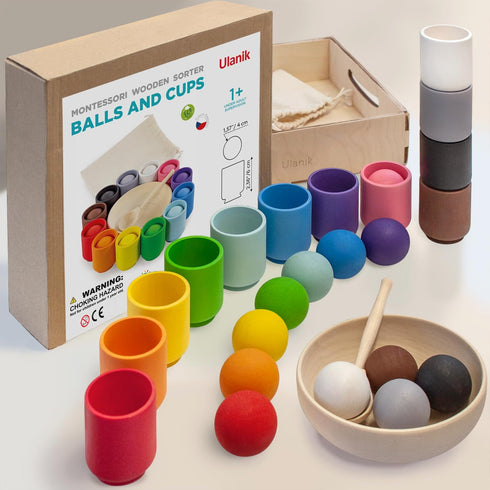 Ulanik Montessori Balls in Cups - Toddler Toys for 1 Year Old, Kids Preschool Wooden Matching Games