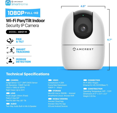 Amcrest 1080P ASH21-W WiFi Camera Indoor, Nanny Cam, Dog Camera, Sound & Baby Monitor, Human & Pet Detection