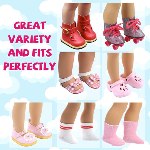 18 inch 5 2 18 18Pink Doll Shoes - Pairs of Different Types (Boots/Roller Skates/Sandals/Clogs) + Pairs of Pink/White