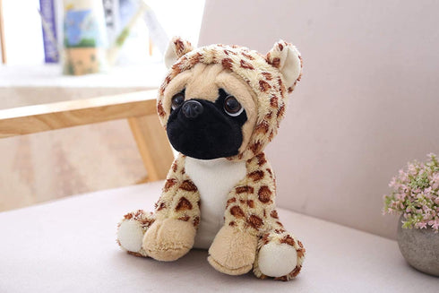 Cute Pug Dog Stuffed Animal | Brown Panther Plush Toy in Leopard Costume, 12 Inch Soft Pug Toy for Kids