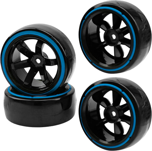 1/10 RC Drift Car Tires Hard Plastic Tyre & 12mm Hex Hub Wheel Rims 6 Spoke Compatible with Traxxas HSP Tamiya Kyosho