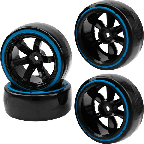 1/10 RC Drift Car Tires Hard Plastic Tyre & 12mm Hex Hub Wheel Rims 6 Spoke Compatible with Traxxas HSP Tamiya Kyosho
