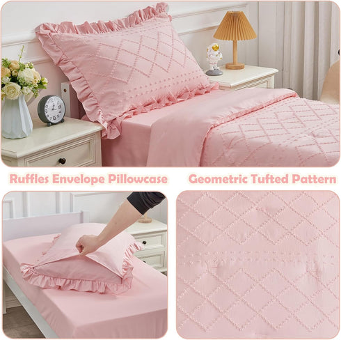 4 Set Set Set Piece Boho Tufted Toddler Bedding for Girls Pink Ruffle Crib Bed Sheets Soft Jacquard Embroidery Toddler