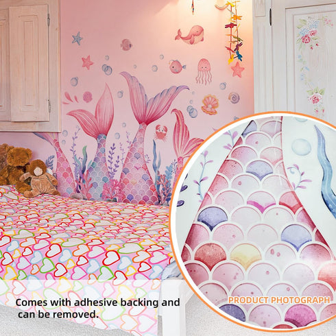 MLM Mermaid Tail Wall Stickers Under The Sea Fish Pink Wall Decals Peel and Stick Wall Art Decor for Kids Bathroom