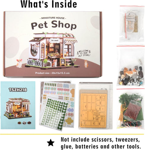 Teens,3D DIY Miniature House Kit,Pet Shop Dollhouse Miniature Kit with LED & Furniture,Mini Diorama House Building Kit