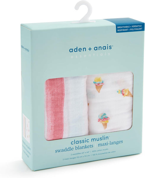 2 Pack, aden + anais Essentials Cotton Muslin Swaddle, Breathable Baby Blanket, Ideal for Boys, Girls, Newborns, Babies