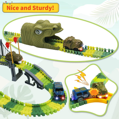 Dinosaur World Race Track Toys - 216pcs Flexible Track Playset with 1 Dinosaur Car, 1 Race Car, 6 Dino Toys