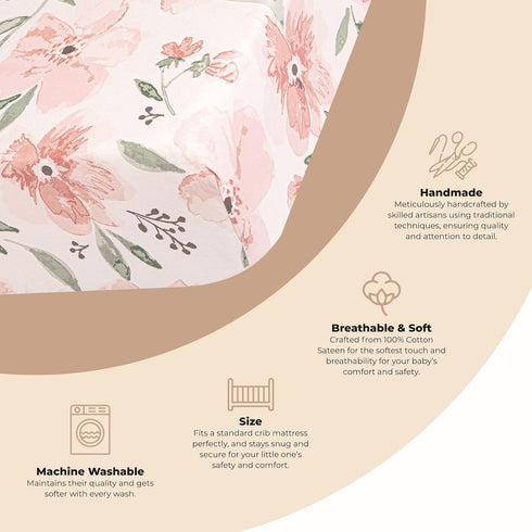 Crane Baby Soft Cotton Crib Mattress Sheet, Fitted Sheet for Cribs and Toddler Beds, Pink Floral, 28”w x 52”h x 9”d by Crane Baby