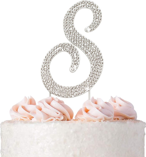 Letter S Cake Topper - Premium Silver Metal S Monogram Wedding or Anniversary Party Decoration with Rhinestone