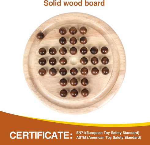 Solid Wooden Solitaire Game, Classic Handcrafted Rubber Wood Board Game Toy with 33 Smooth Wooden Balls, Strategic Mind