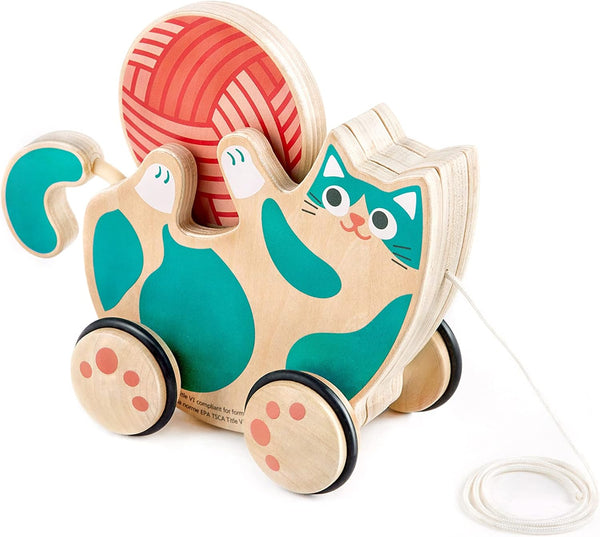 Hape Wooden Walk-A-Long Kitten Pull Toy - Roll & Rattle Push Pull Toy for Toddler, Montessori Toys for Walking