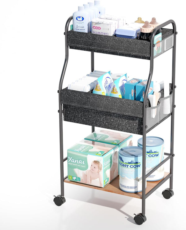 3-Tier Rolling Baby Diaper Caddy Cart with 3+2 Dividers & Locking Wheels,