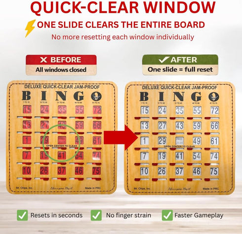 25 Pack MR CHIPS Jam-Proof Quick-Clear Deluxe Fingertip Slide Bingo Cards with Sliding Windows in Woodgrain Style