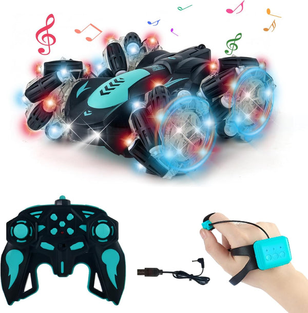 Gesture Sensing RC Stunt Car, 360° Spins Double Sided Hand Controlled Car with Lights and Music for Boys