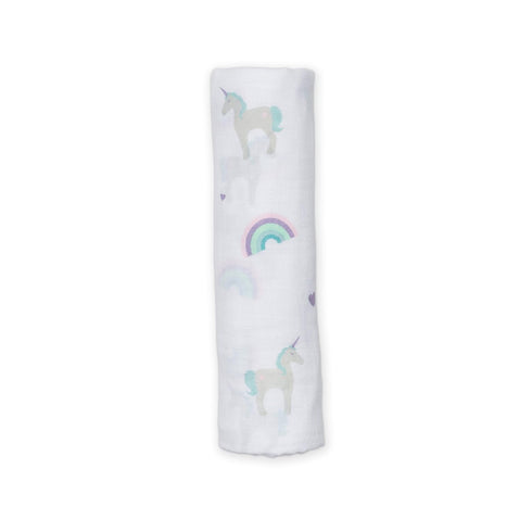 Lulujo Baby 100% Cotton Muslin Swaddle Blanket, 47 x 47-Inches, Rainbows and Unicorns Design
