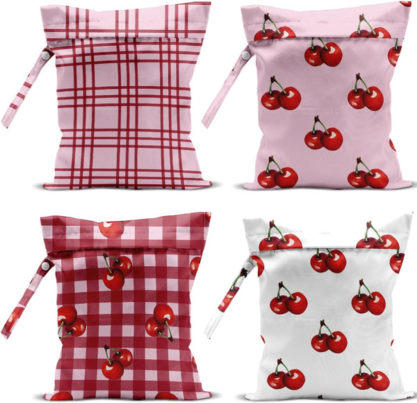 VBCVBGFH 4 Pack Cute Cherry Checkered Wet Bag Waterproof Washable Reusable Wet Dry