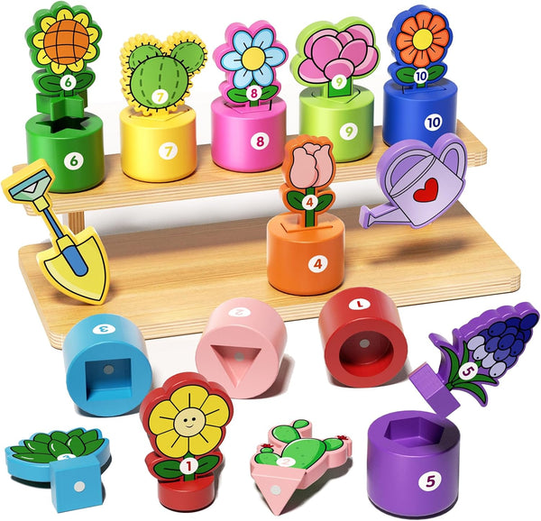GJZZ Wooden Pretend Play Flower Garden Set with Stand - Montessori Shape