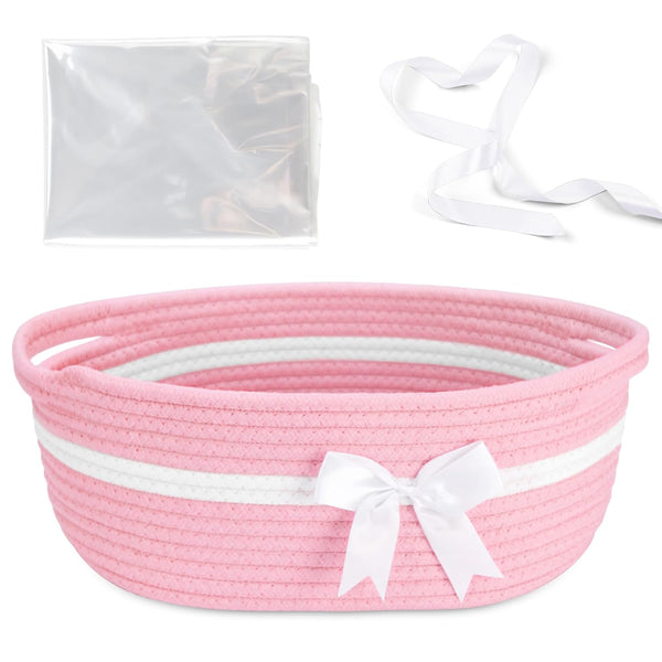 Gift Basket with Bow and Gift Bag, Simplicity Home Decor Rope Basket for Gifts, Empty Storage Basket, Pink